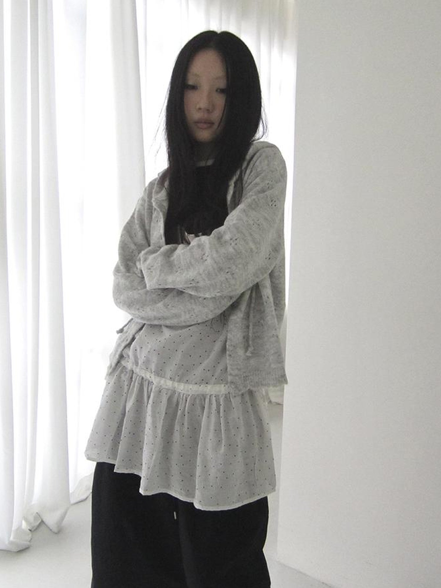 ang project Vintage Button Down Openwork Hooded Knit Cardigan