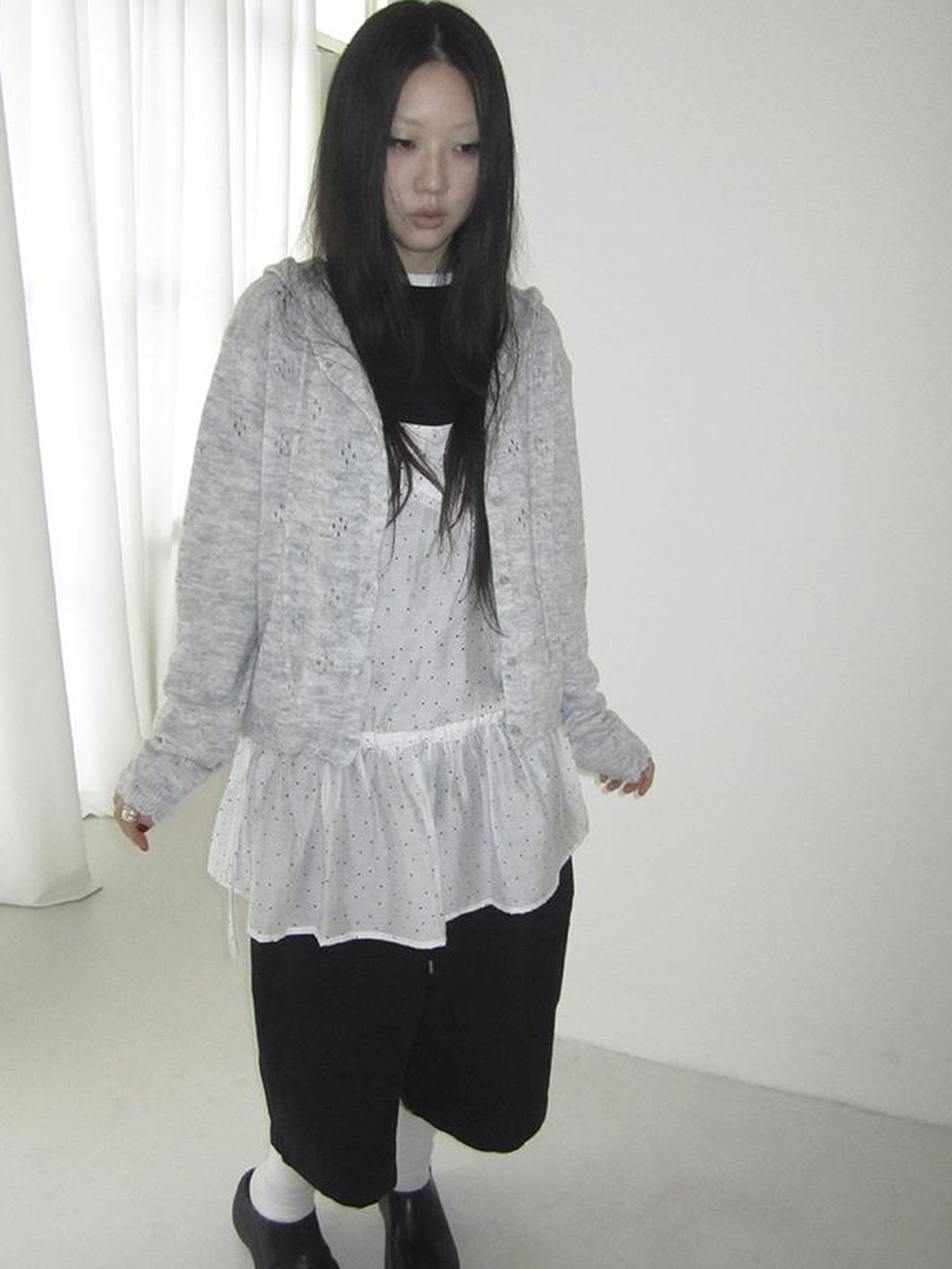 ang project Vintage Button Down Openwork Hooded Knit Cardigan