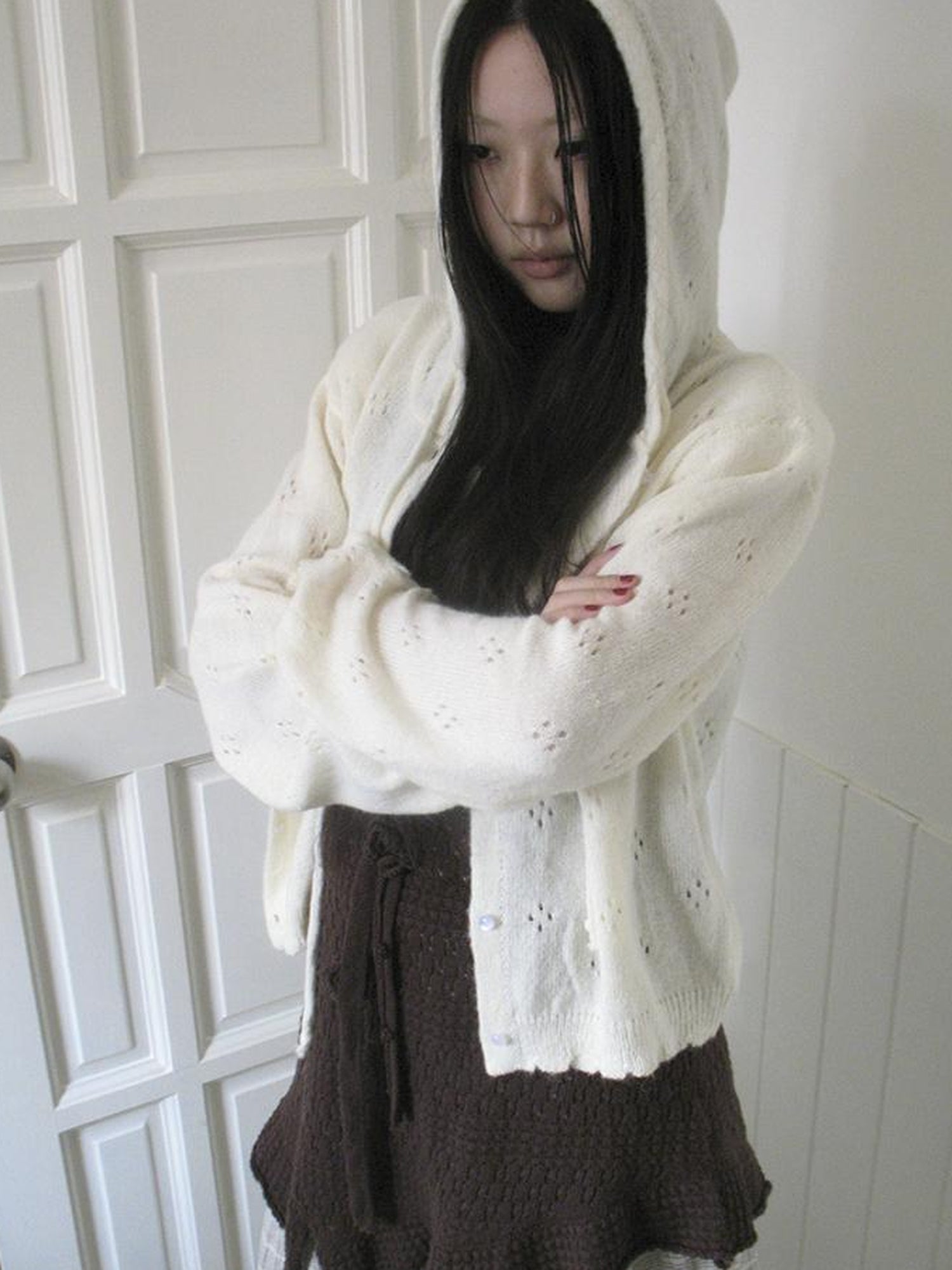 Vintage Button Down Openwork Hooded Knit Cardigan