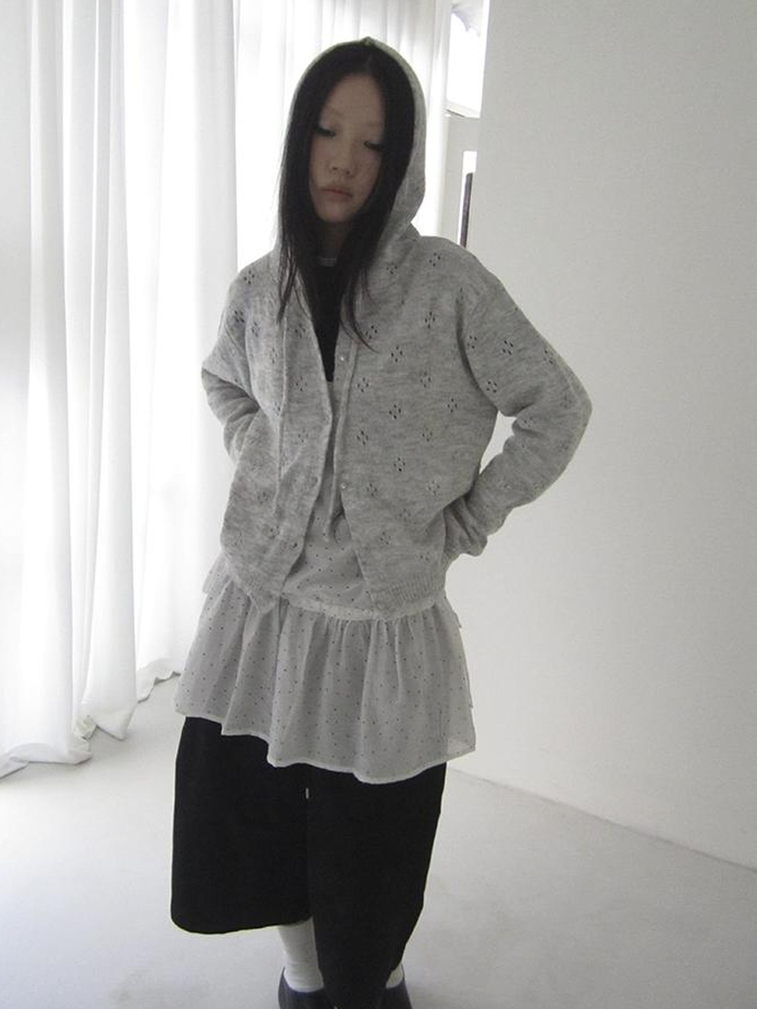 Vintage Button Down Openwork Hooded Knit Cardigan