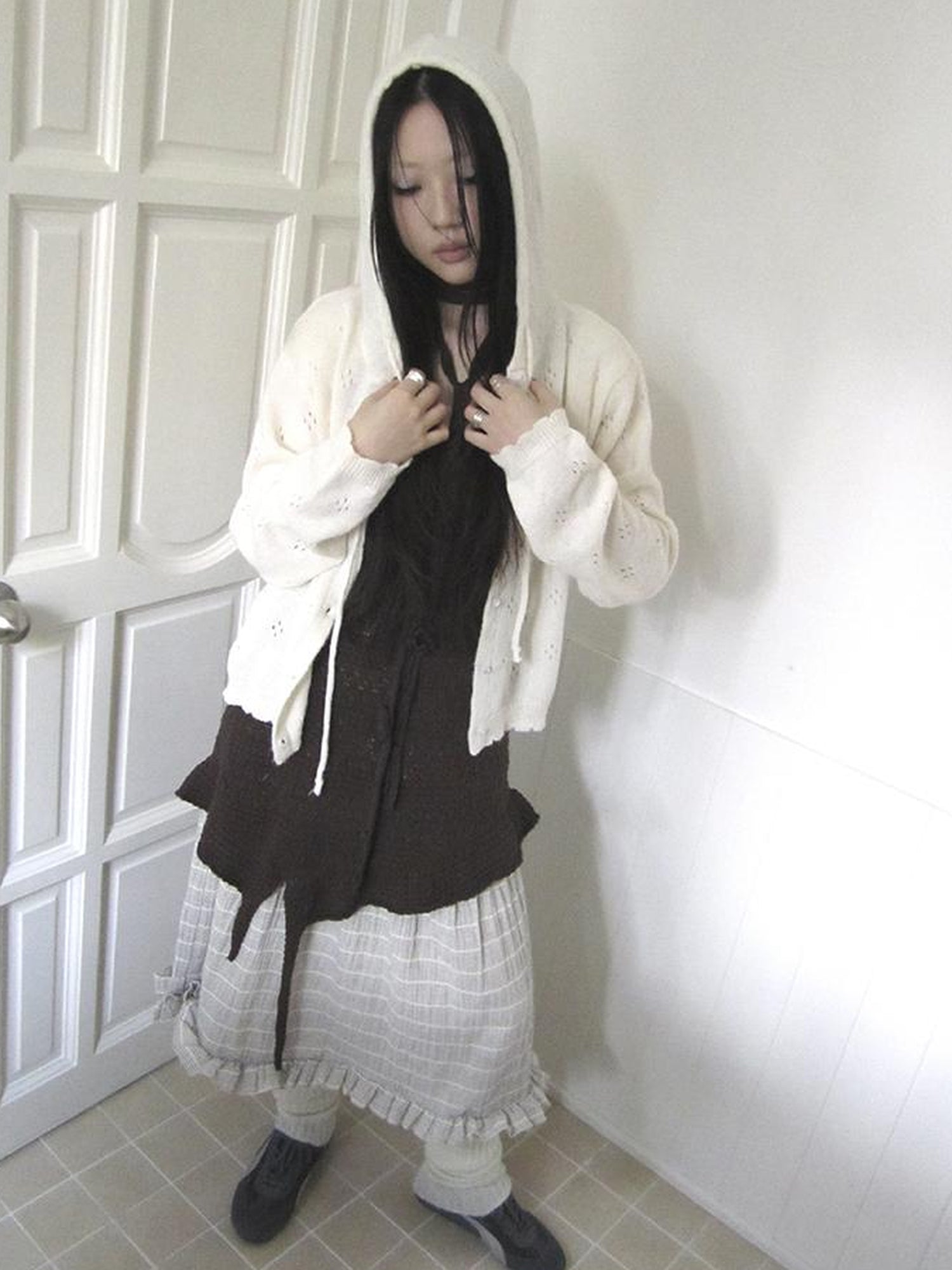 ang project Vintage Button Down Openwork Hooded Knit Cardigan