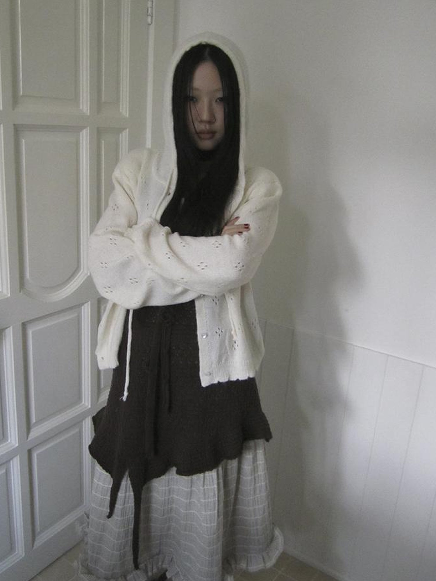 ang project Vintage Button Down Openwork Hooded Knit Cardigan