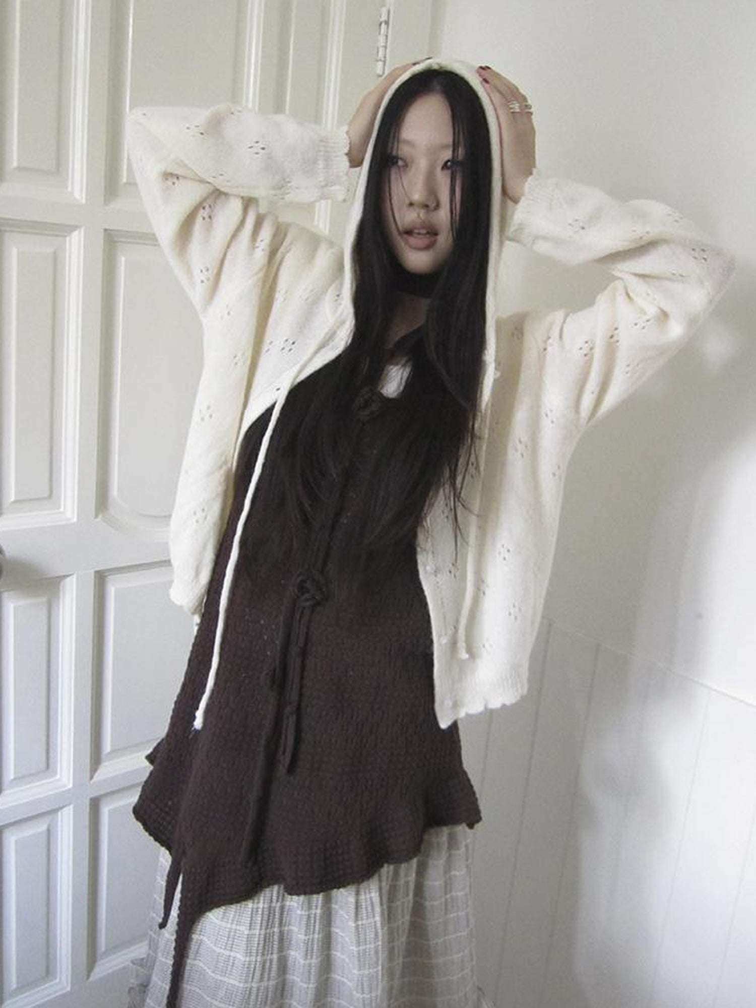 ang project Vintage Button Down Openwork Hooded Knit Cardigan