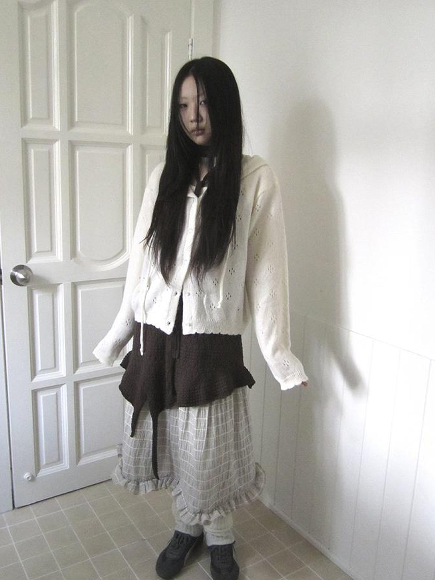 ang project Vintage Button Down Openwork Hooded Knit Cardigan