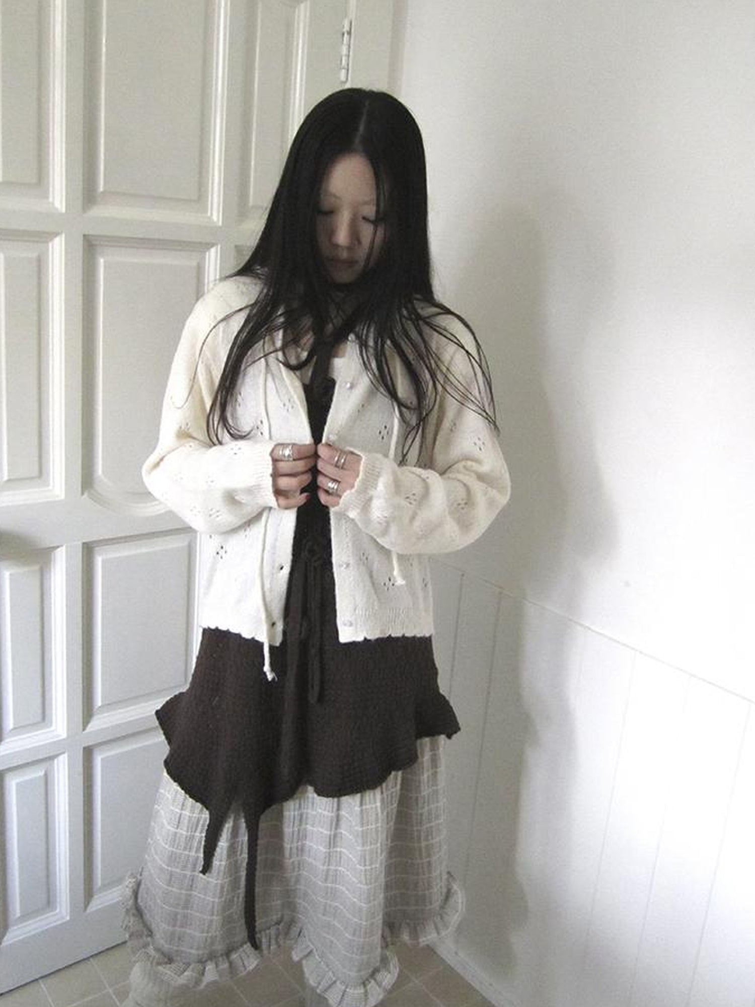 ang project Vintage Button Down Openwork Hooded Knit Cardigan