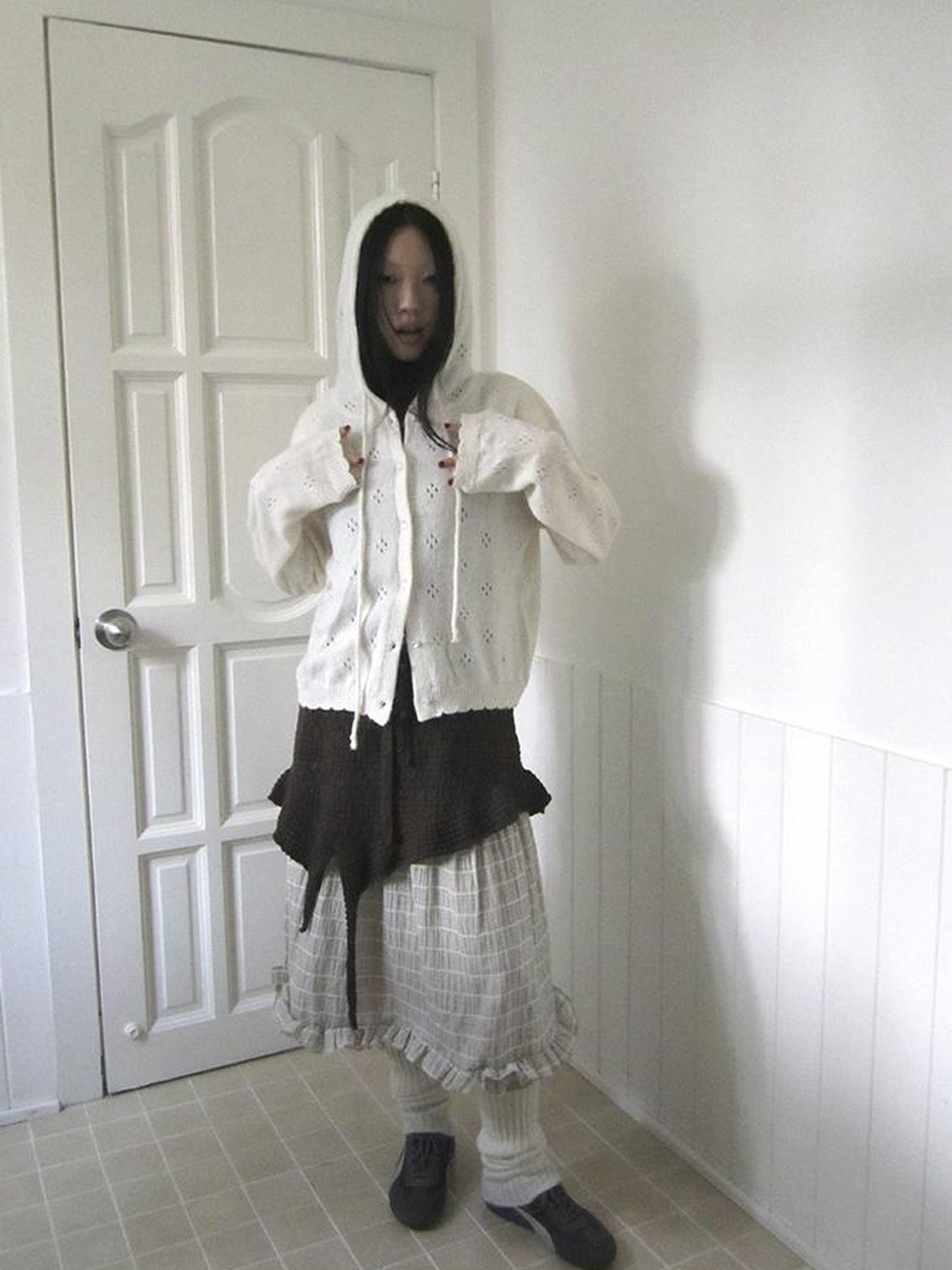 ang project Vintage Button Down Openwork Hooded Knit Cardigan