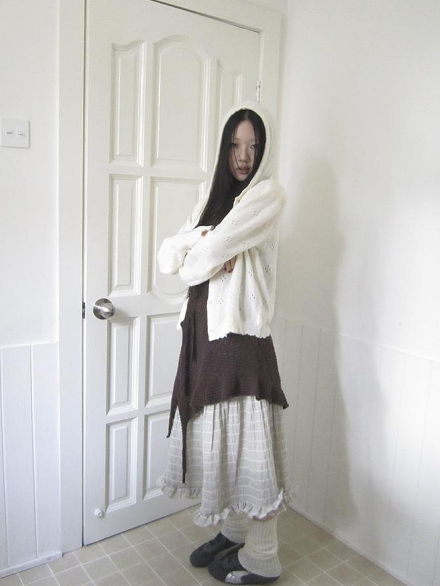 ang project Vintage Button Down Openwork Hooded Knit Cardigan