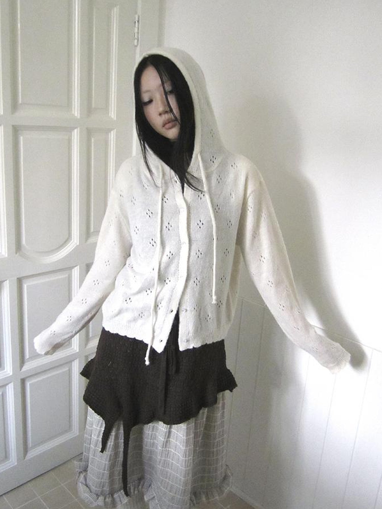 ang project Vintage Button Down Openwork Hooded Knit Cardigan