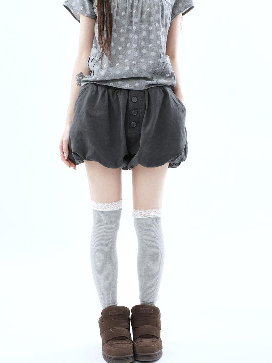 ang project Vintage Button High Waist Elastic Puff Lantern Skirt Loose Women&