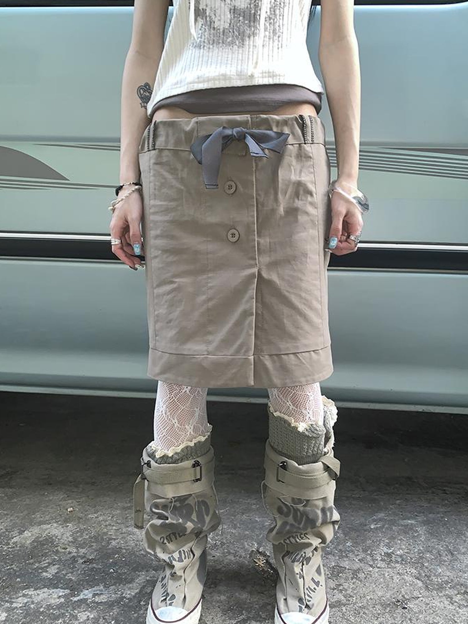 ang project Vintage Button Tie High Waist Flowy Denim Short Skirt