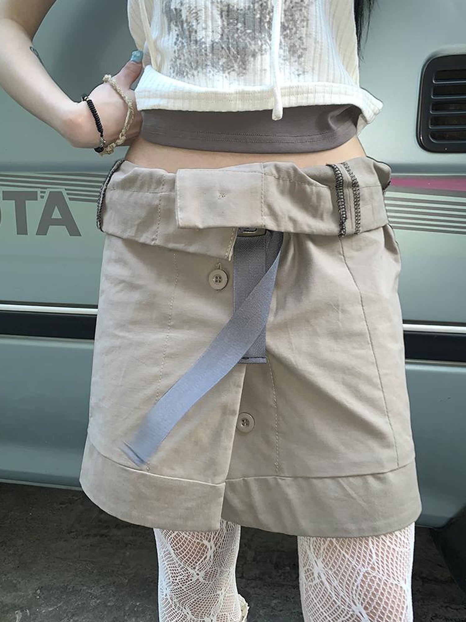 ang project Vintage Button Tie High Waist Flowy Denim Short Skirt