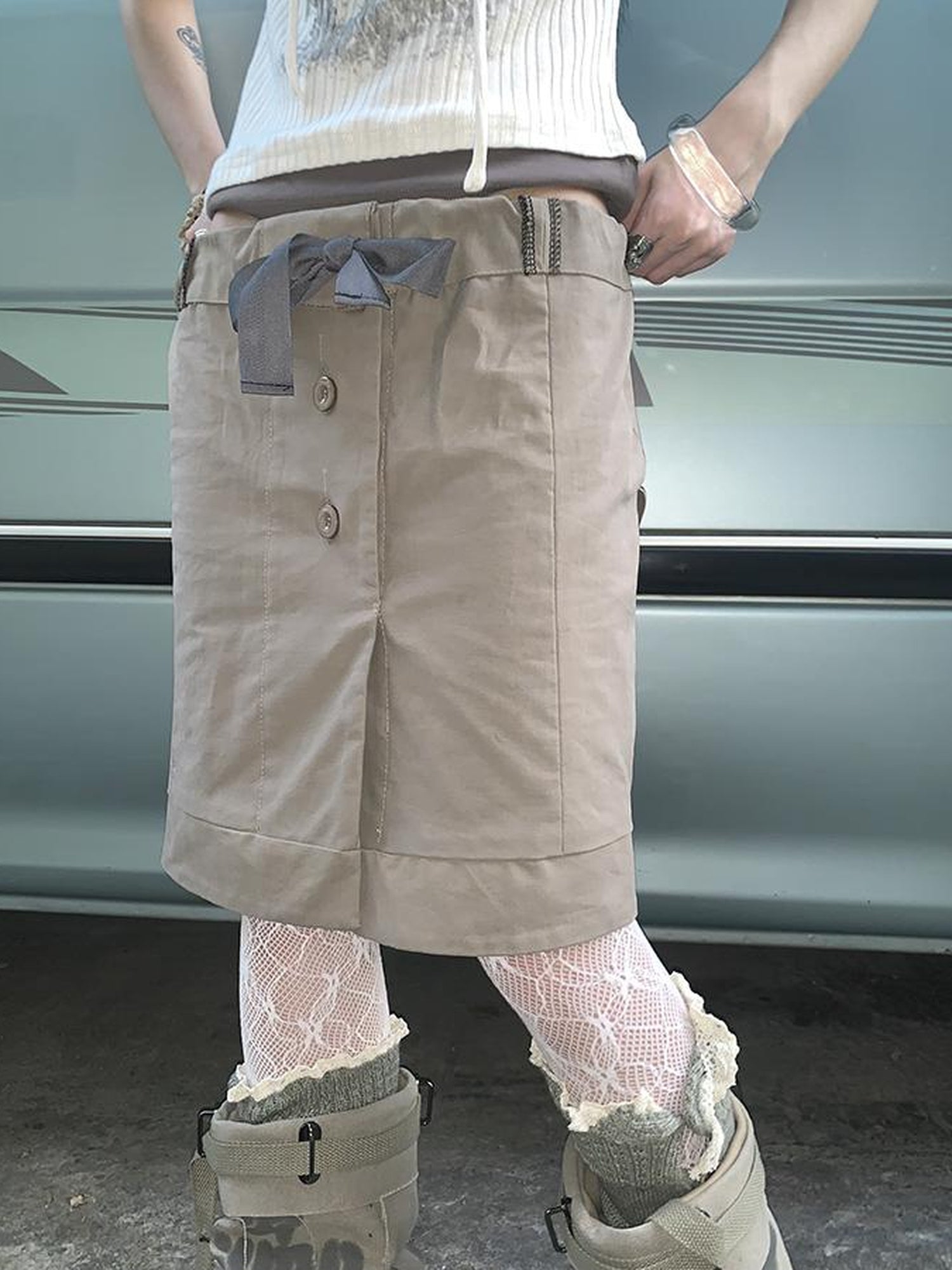 ang project Vintage Button Tie High Waist Flowy Denim Short Skirt