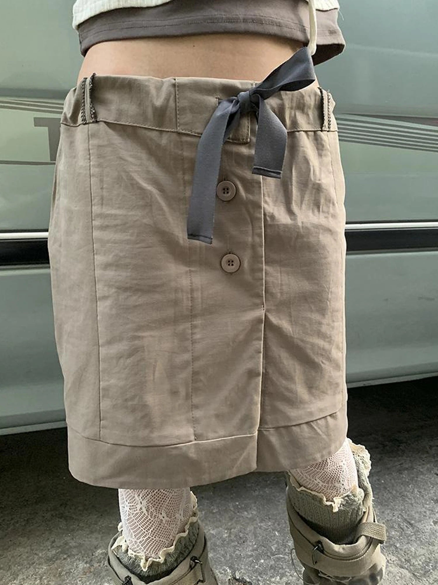 Vintage Button Tie High Waist Flowy Denim Short Skirt