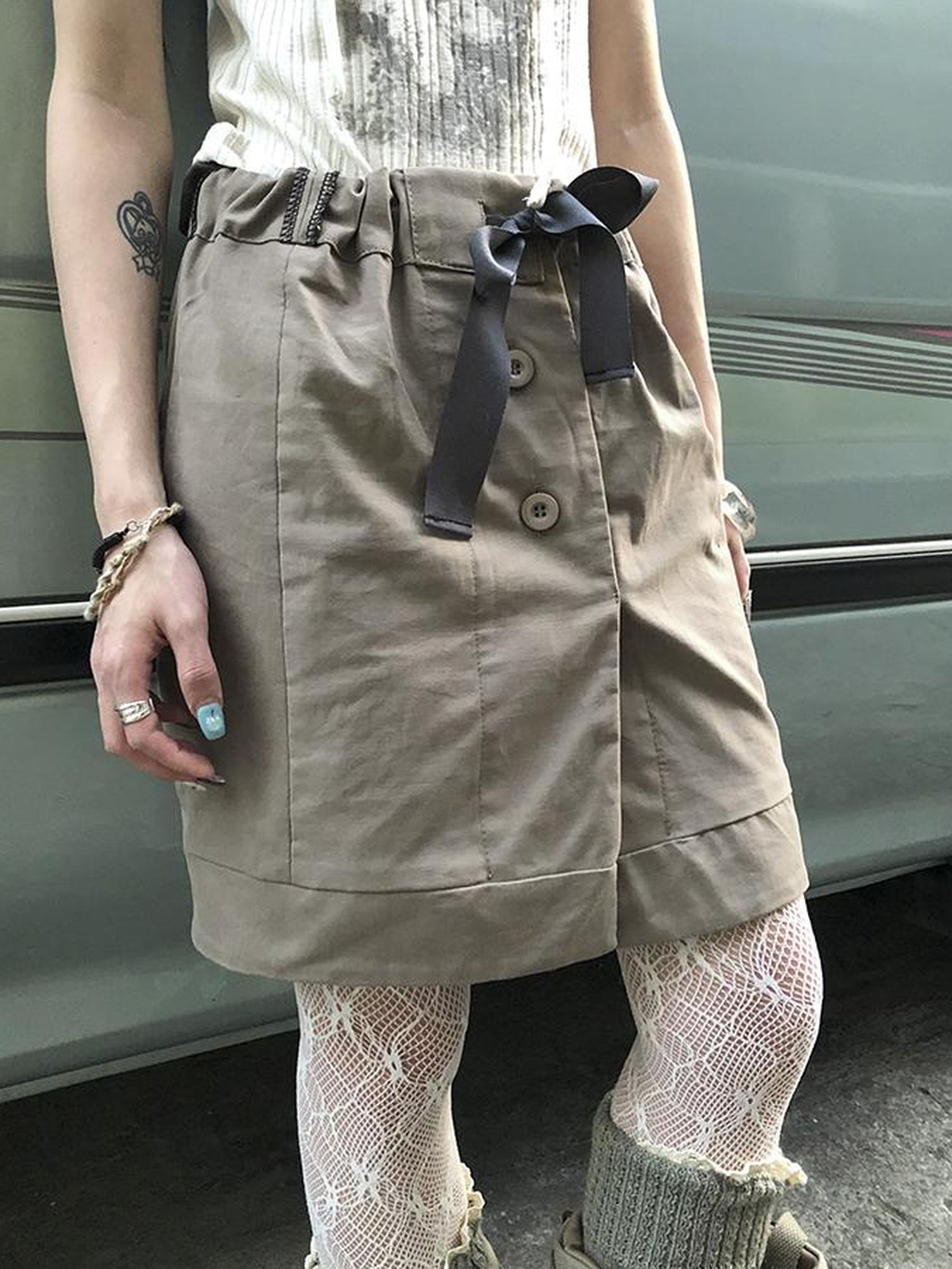 ang project Vintage Button Tie High Waist Flowy Denim Short Skirt