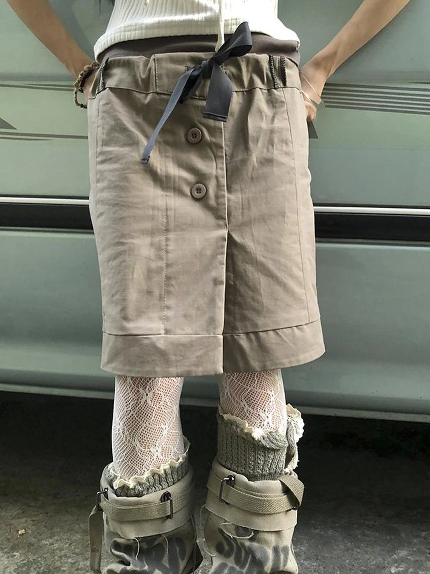 Vintage Button Tie High Waist Flowy Denim Short Skirt