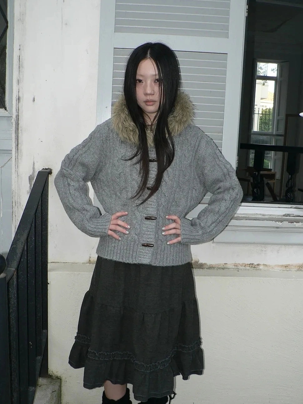 ang project Vintage Cable Knit Hooded Cardigan With Fur Trim And Toggle Buttons Sweater