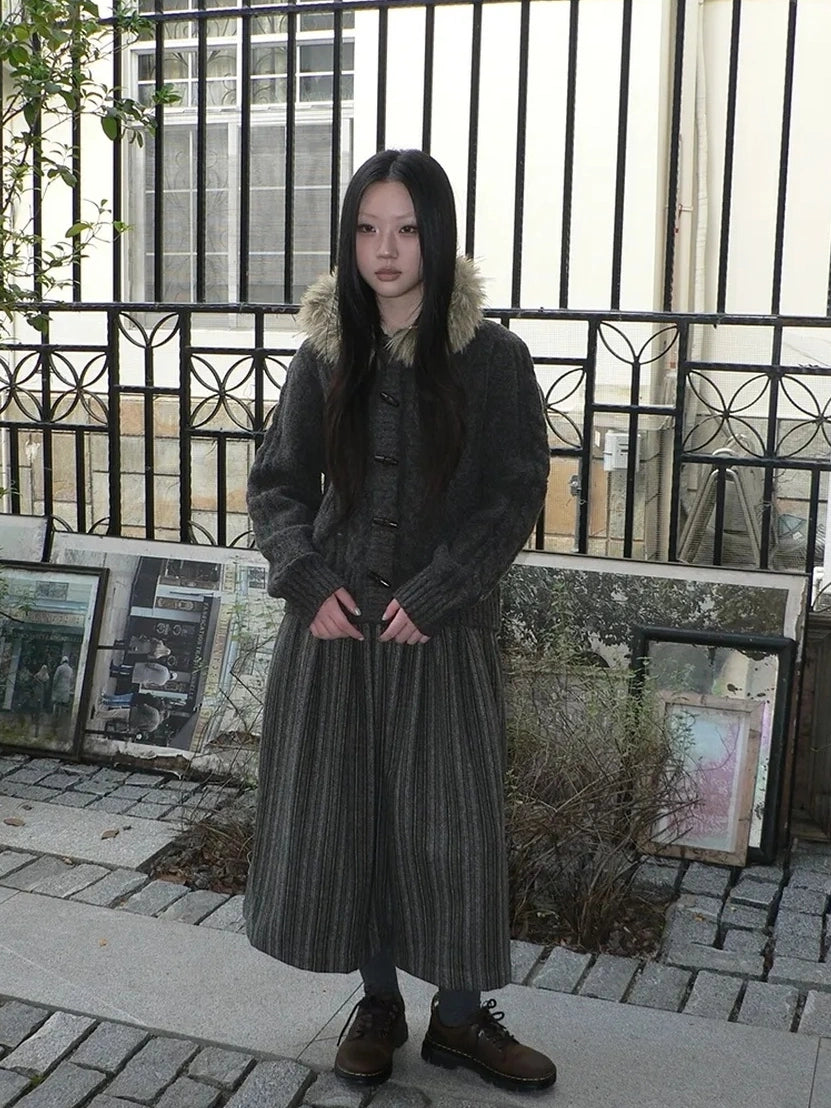 ang project Vintage Cable Knit Hooded Cardigan With Fur Trim And Toggle Buttons Sweater