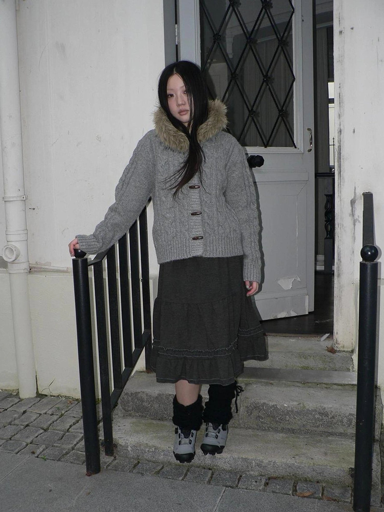 ang project Vintage Cable Knit Hooded Cardigan With Fur Trim And Toggle Buttons Sweater