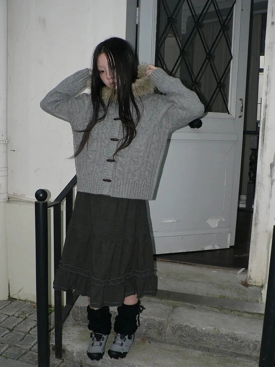 ang project Vintage Cable Knit Hooded Cardigan With Fur Trim And Toggle Buttons Sweater