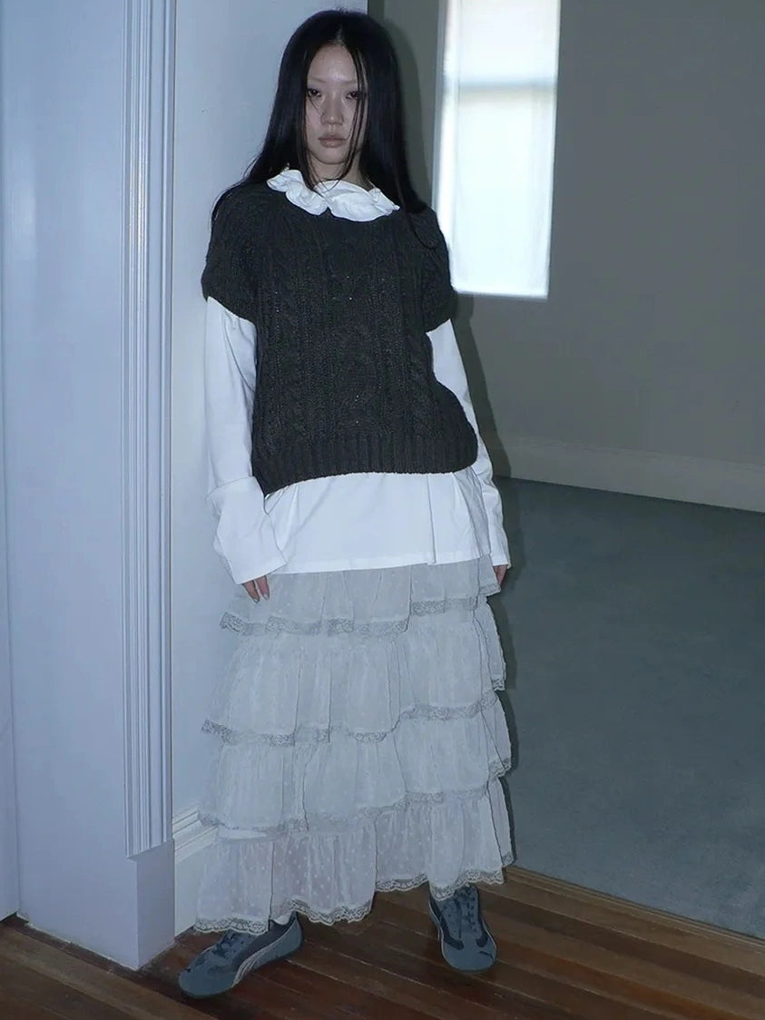 ang project Vintage Cable Knit Short Sleeve Crop Top Sweater