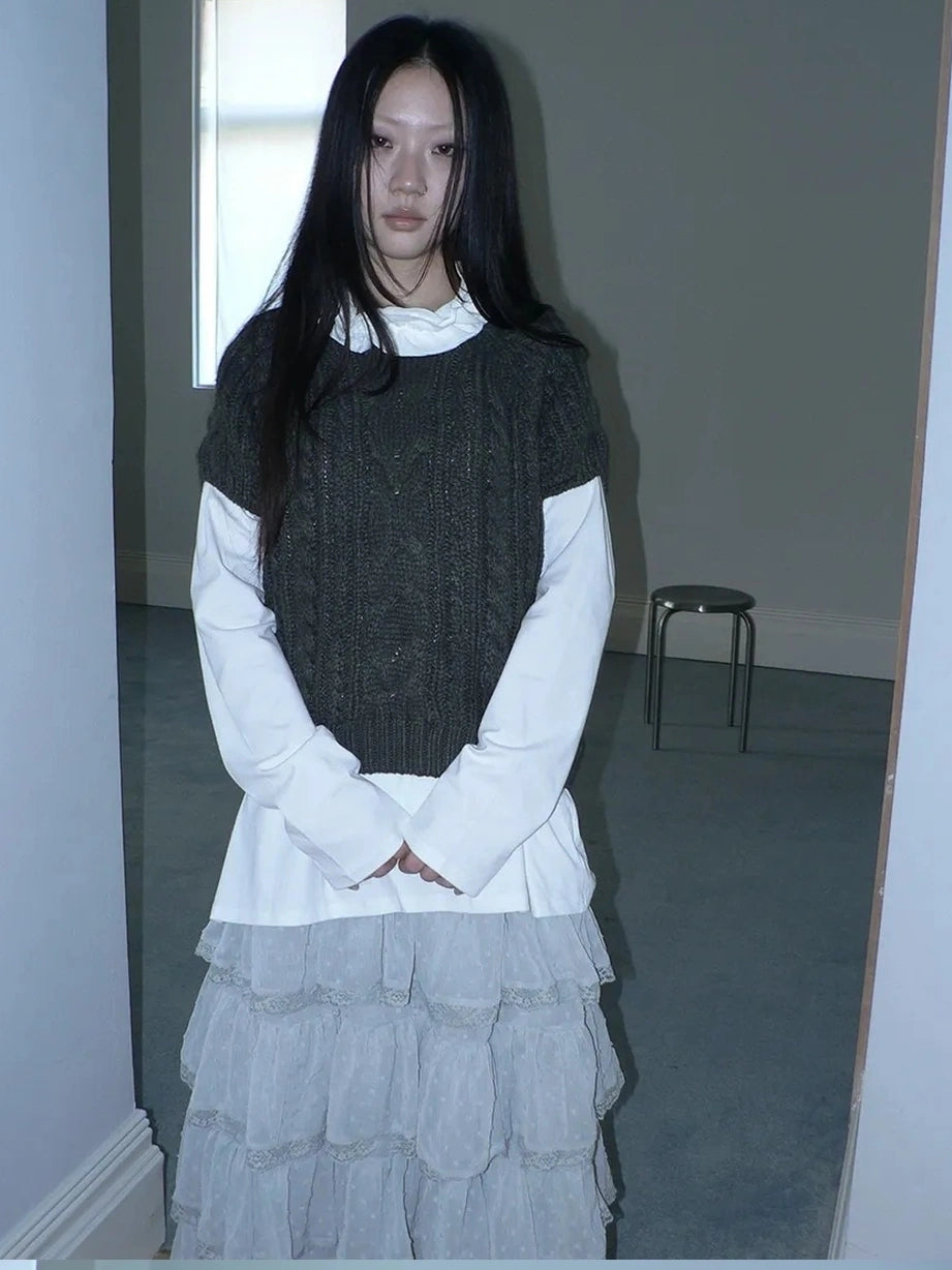 ang project Vintage Cable Knit Short Sleeve Crop Top Sweater