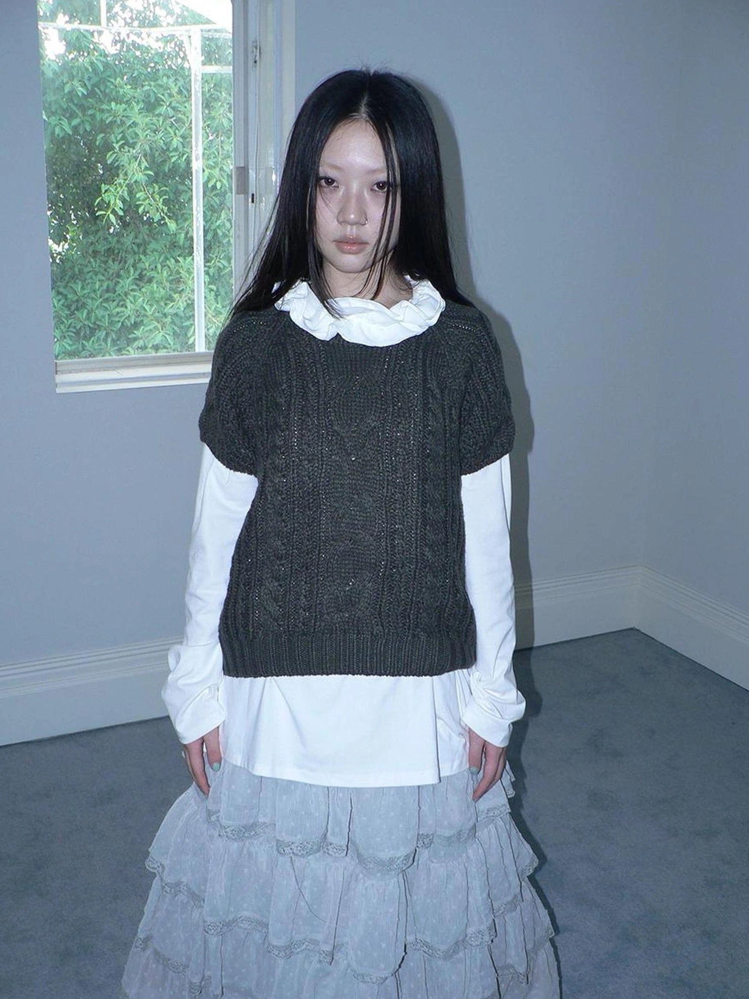 ang project Vintage Cable Knit Short Sleeve Crop Top Sweater