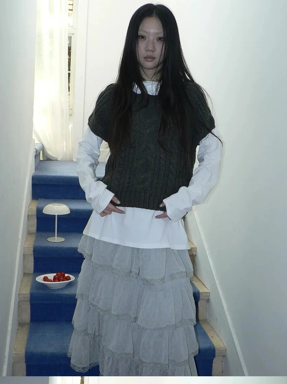 ang project Vintage Cable Knit Short Sleeve Crop Top Sweater