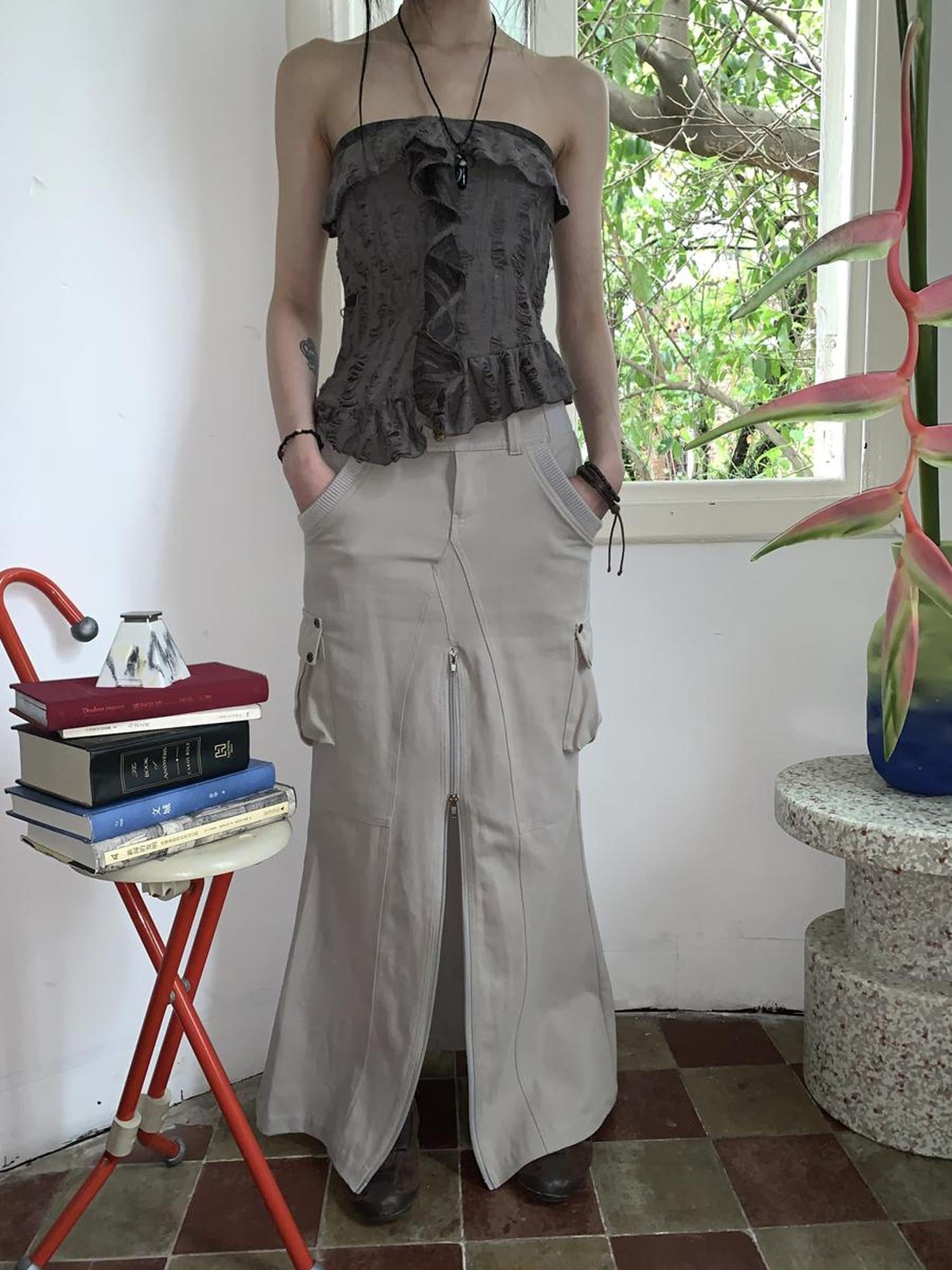 ang project Vintage Cargo Pocket Wrap Maxi Skirt With Dual Zippers