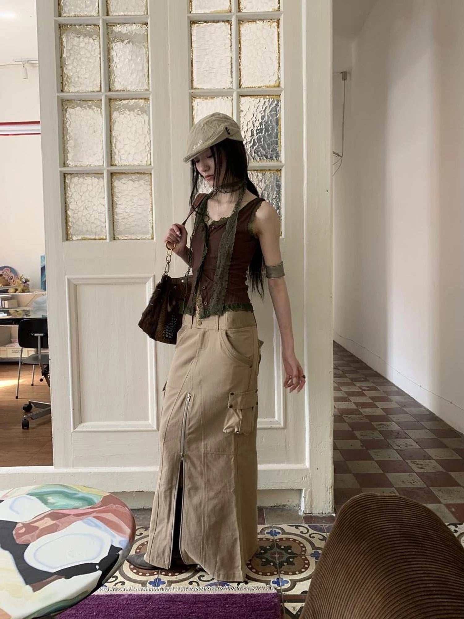 Vintage Cargo Pocket Wrap Maxi Skirt With Dual Zippers