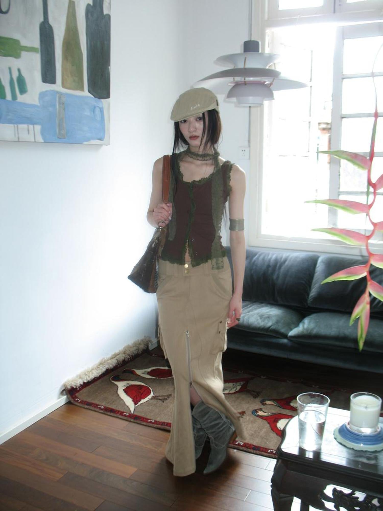 ang project Vintage Cargo Pocket Wrap Maxi Skirt With Dual Zippers
