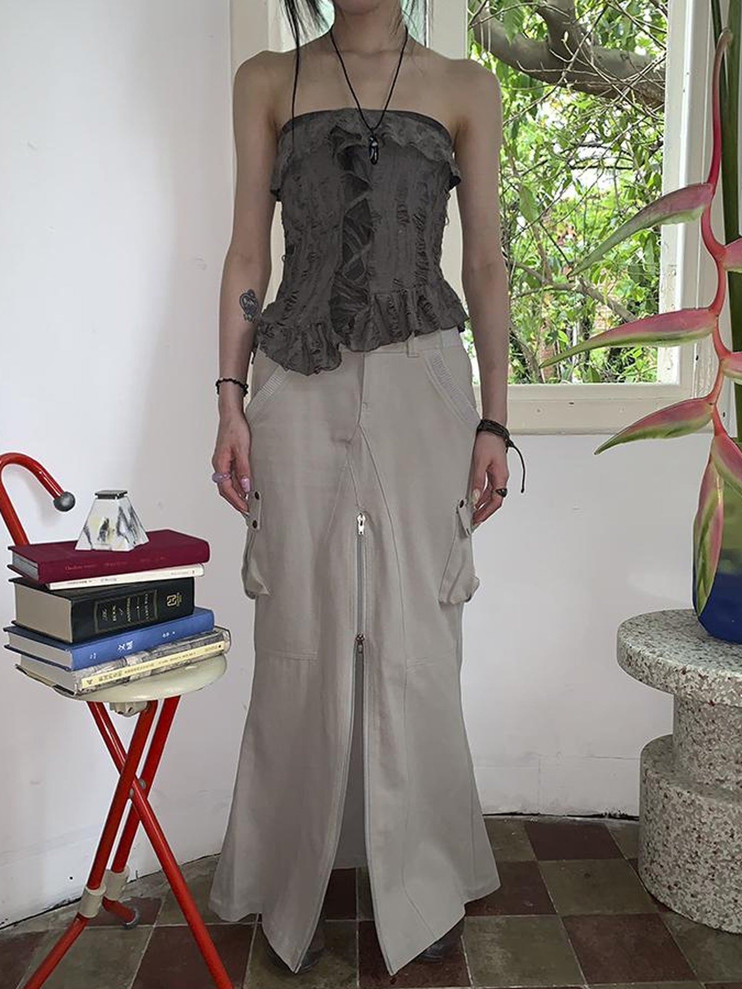 ang project Vintage Cargo Pocket Wrap Maxi Skirt With Dual Zippers