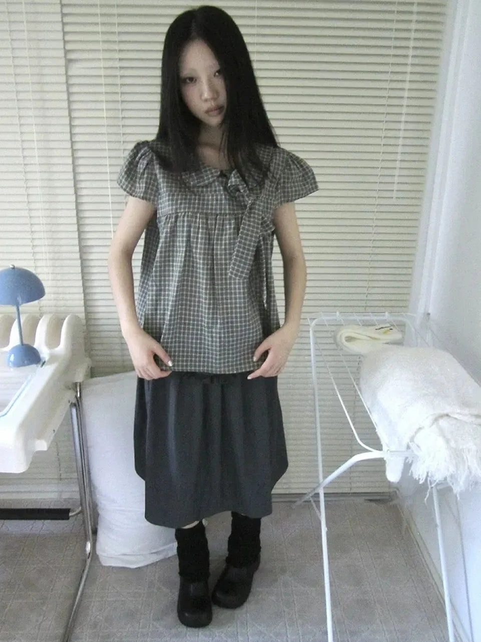 ang project Vintage Checkered Bow Tie Blouse Shirts