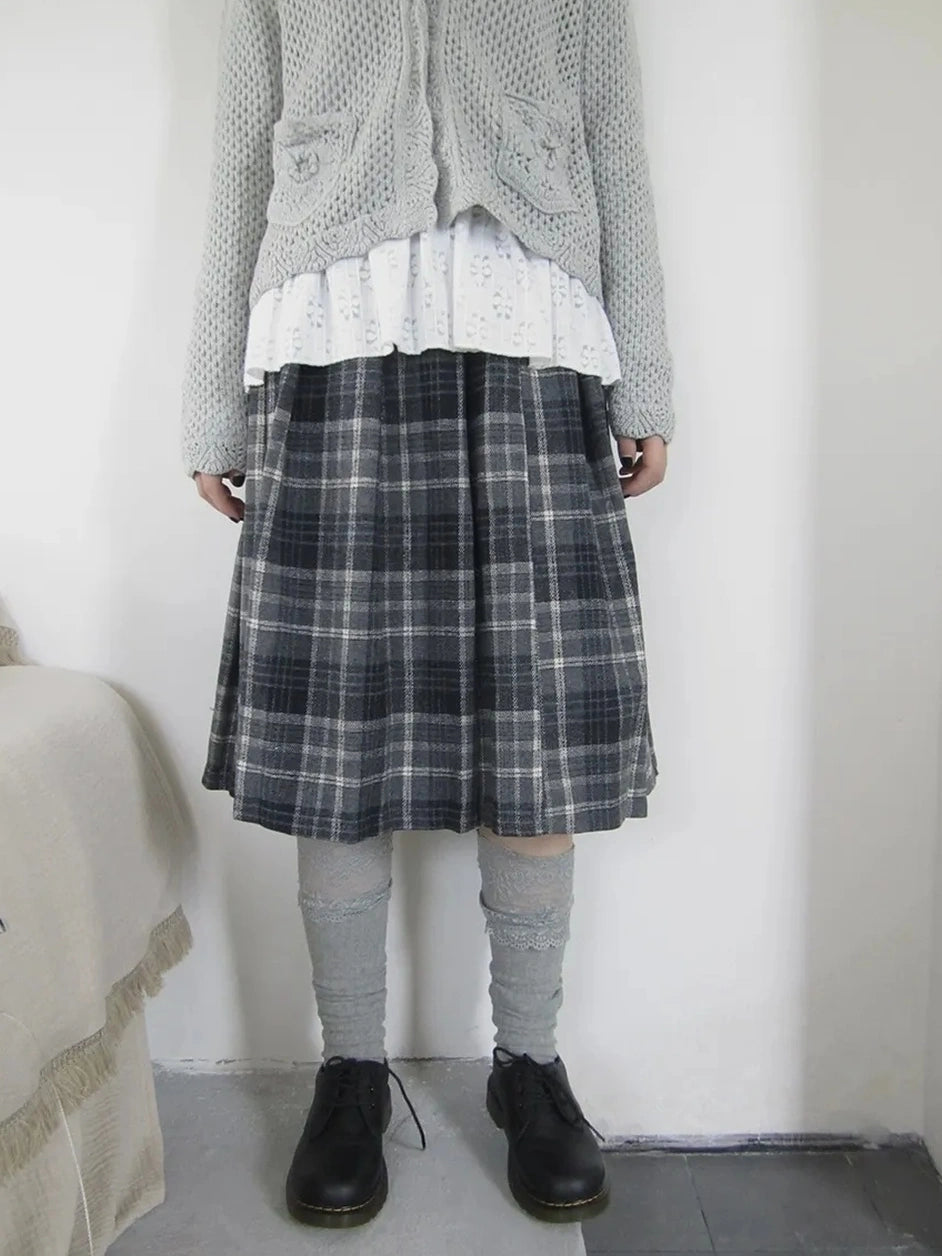 ang project Vintage Checkered Pleated Wool Skirt Skirt