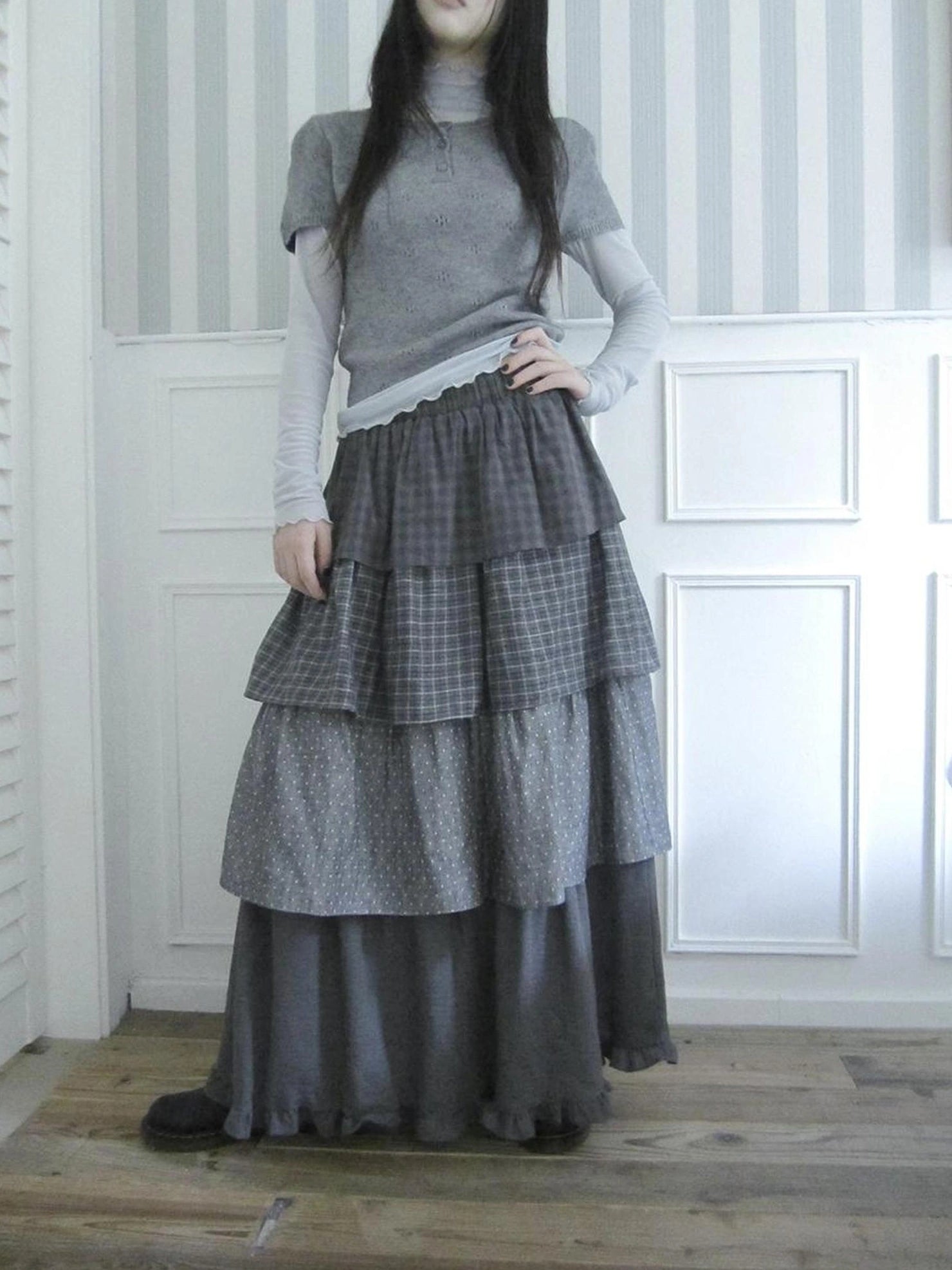 ang project Vintage Checkered Polka Dot Tiered Ruffle Skirt Skirt