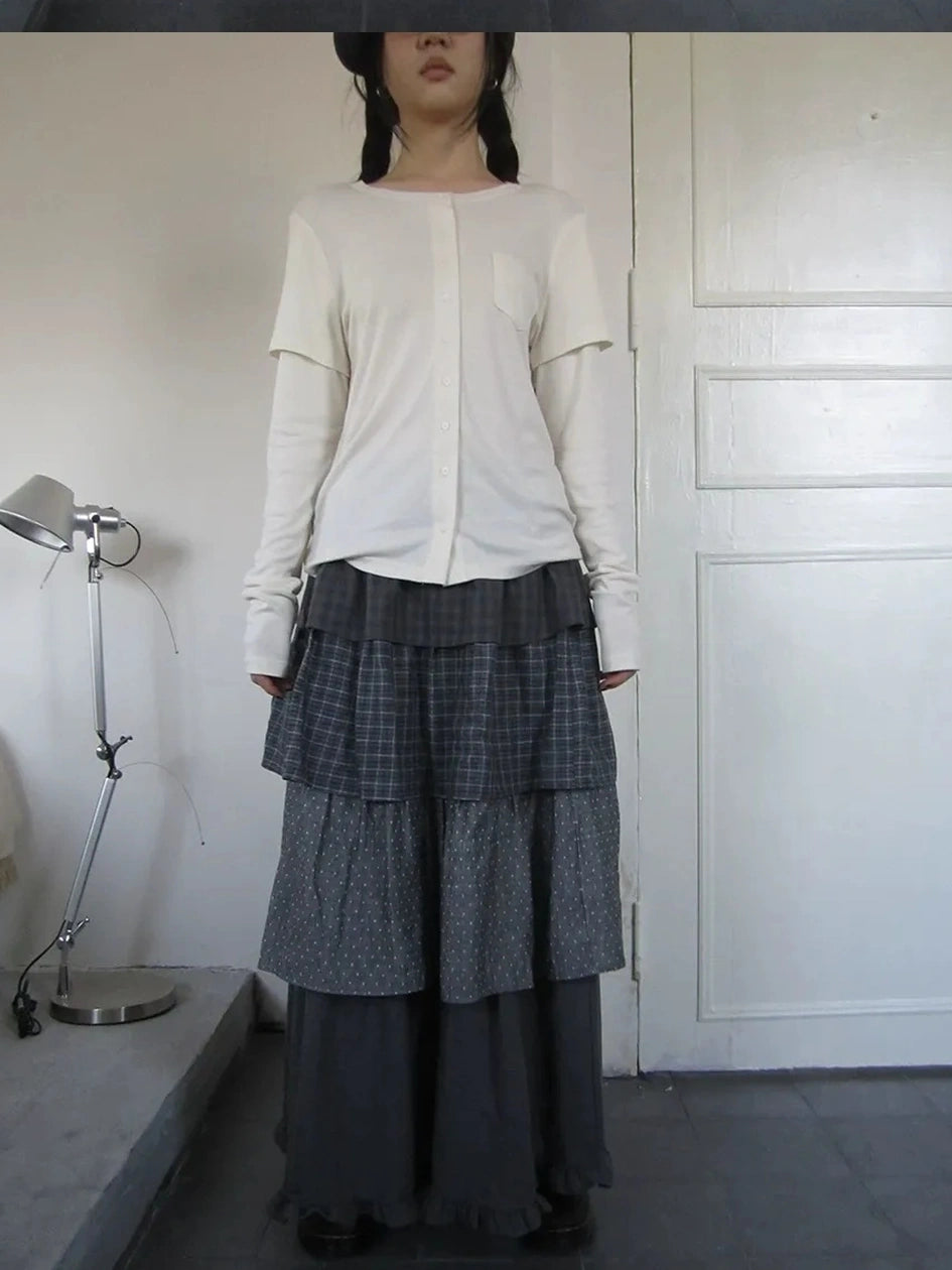 ang project Vintage Checkered Polka Dot Tiered Ruffle Skirt Skirt