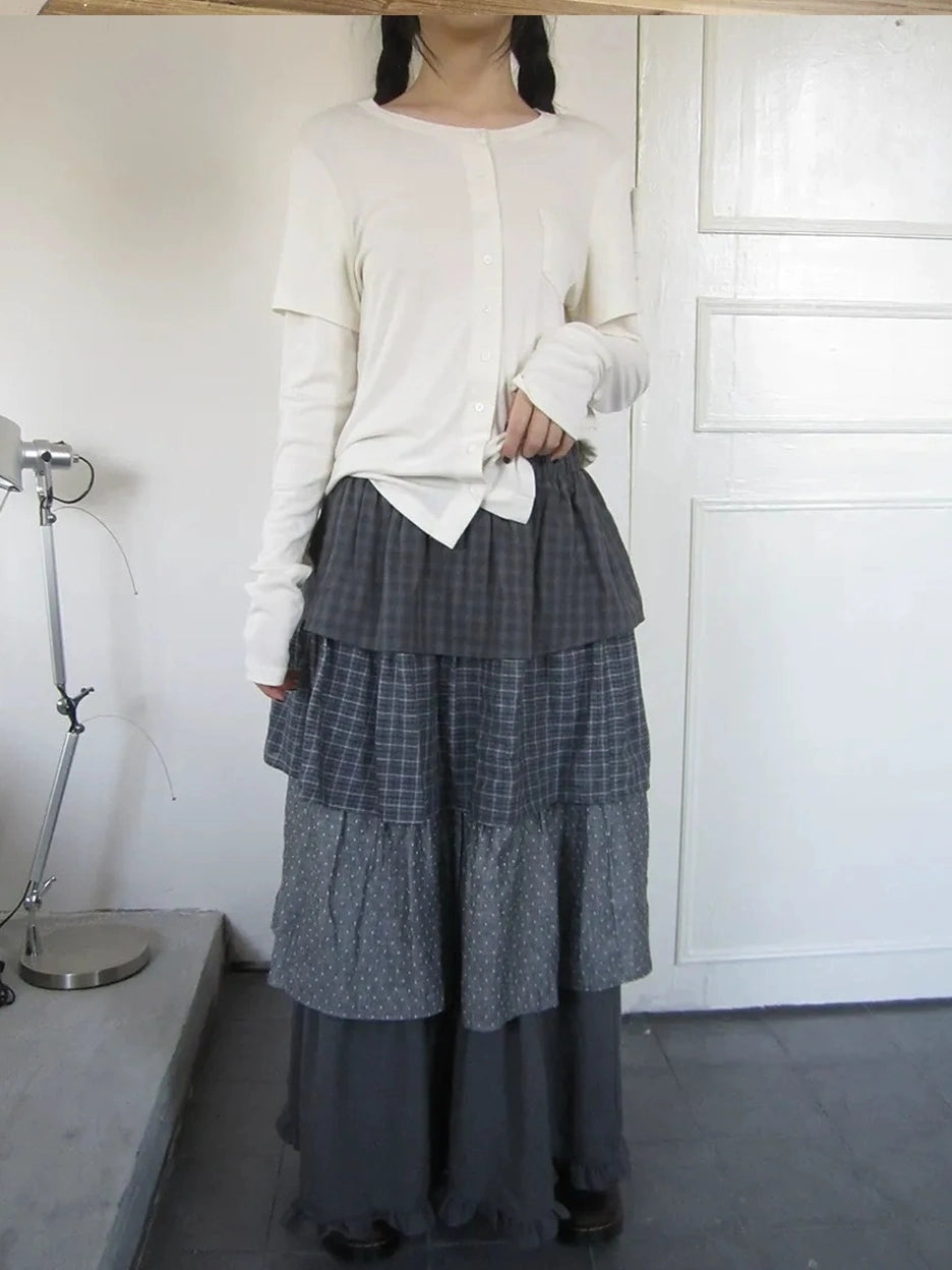 ang project Vintage Checkered Polka Dot Tiered Ruffle Skirt Skirt