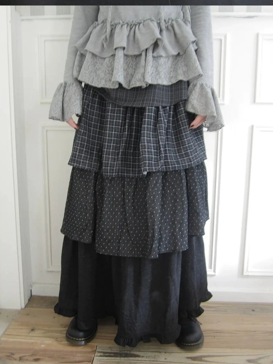ang project Vintage Checkered Polka Dot Tiered Ruffle Skirt Skirt