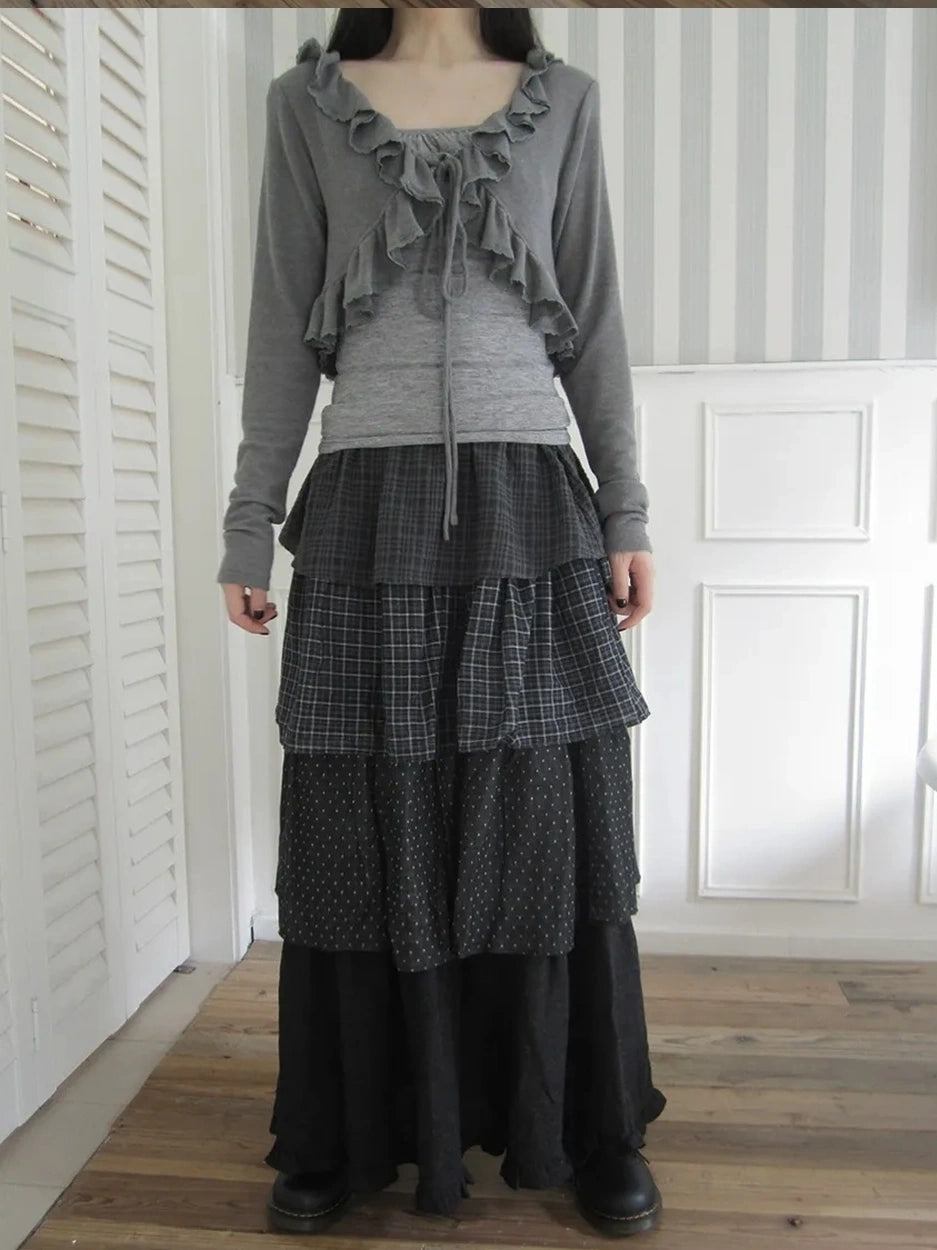 ang project Vintage Checkered Polka Dot Tiered Ruffle Skirt Skirt