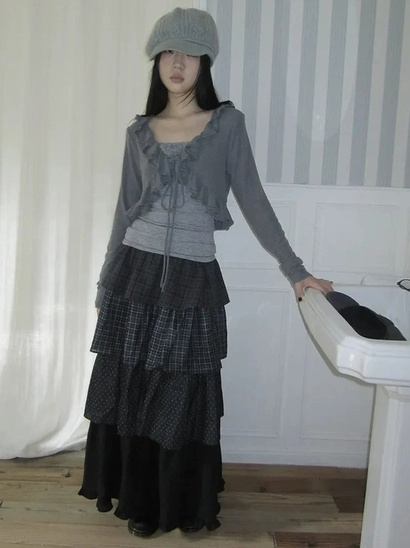 ang project Vintage Checkered Polka Dot Tiered Ruffle Skirt Skirt