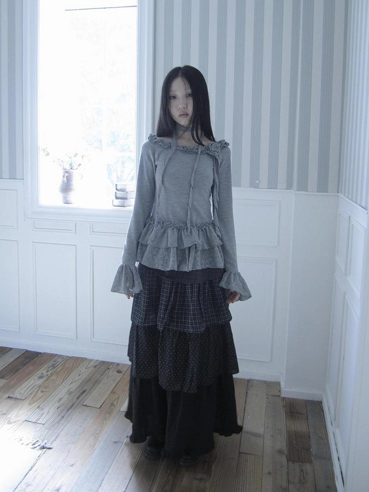 ang project Vintage Checkered Polka Dot Tiered Ruffle Skirt Skirt