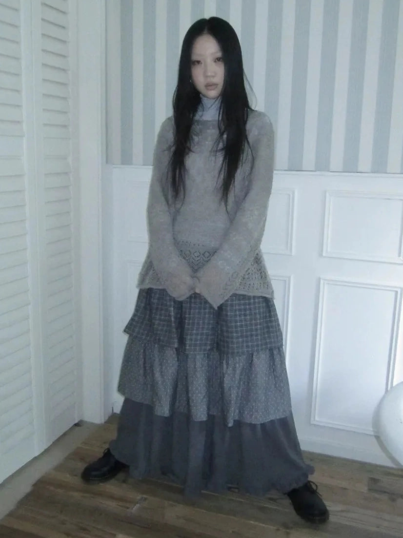 ang project Vintage Checkered Polka Dot Tiered Ruffle Skirt Skirt