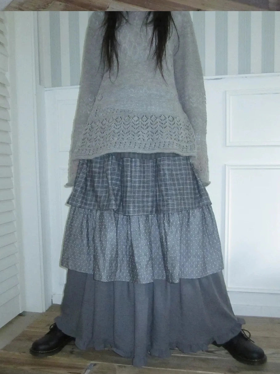 ang project Vintage Checkered Polka Dot Tiered Ruffle Skirt Skirt