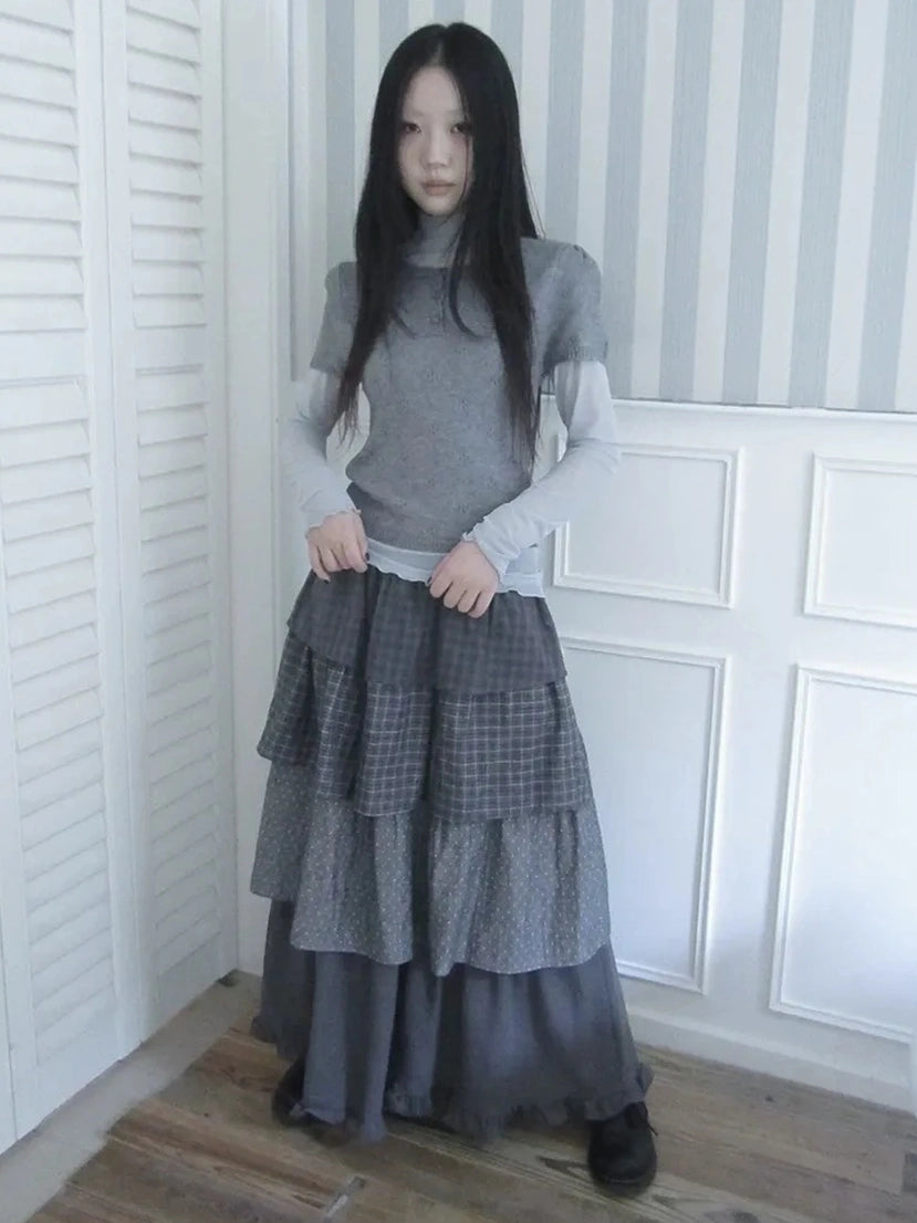 ang project Vintage Checkered Polka Dot Tiered Ruffle Skirt Skirt