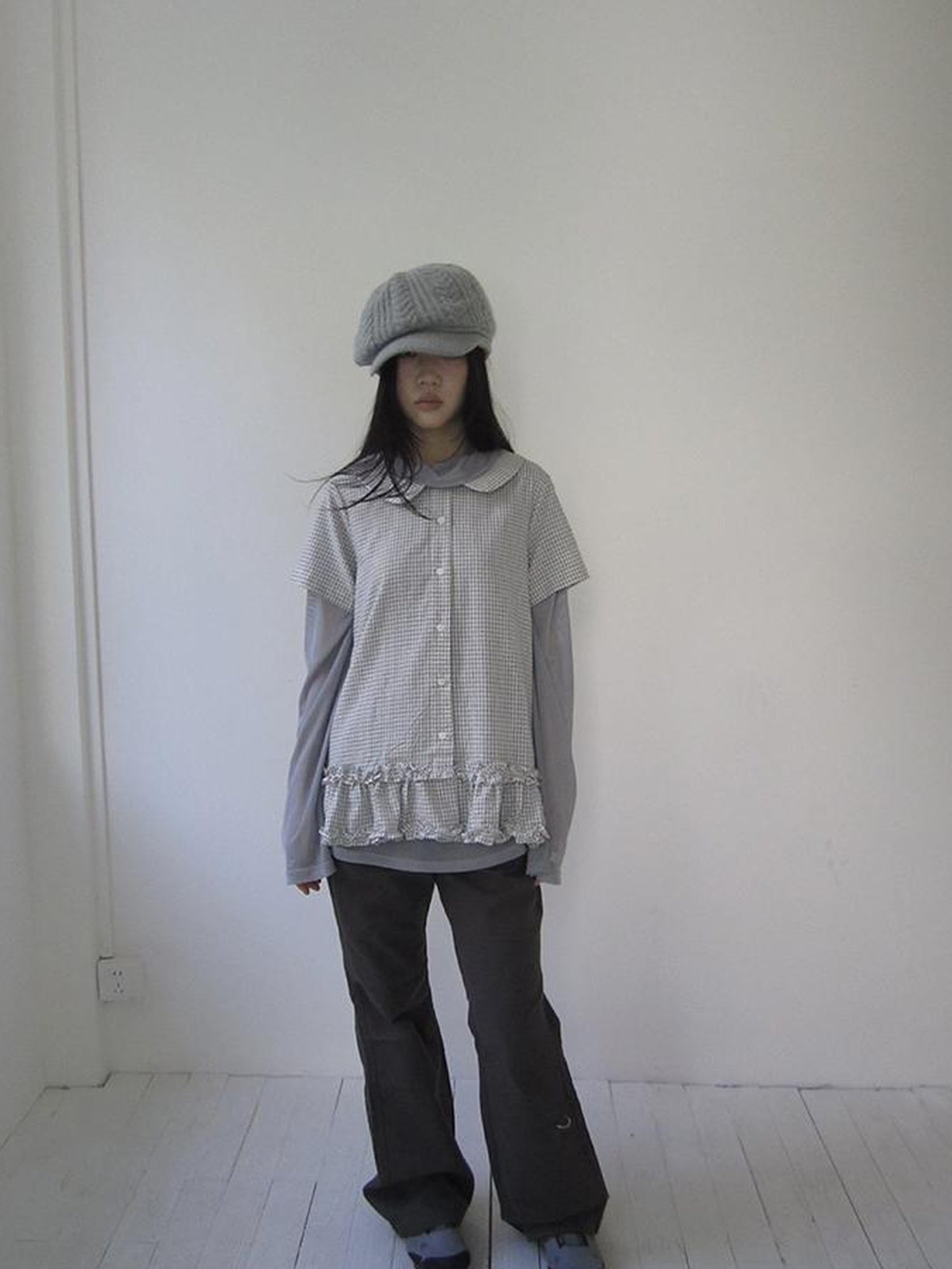 ang project Vintage Collar Checkered Ruffle Short Sleeve Shirt