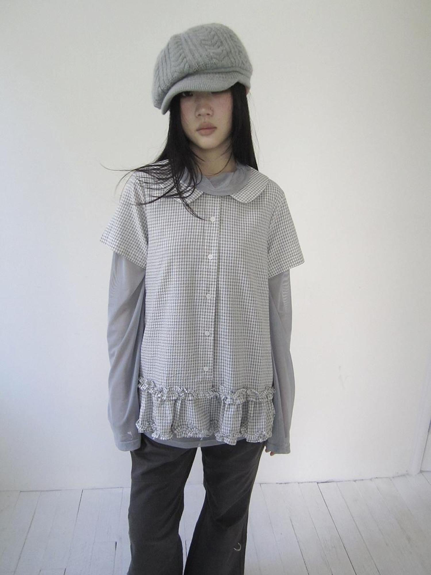 ang project Vintage Collar Checkered Ruffle Short Sleeve Shirt