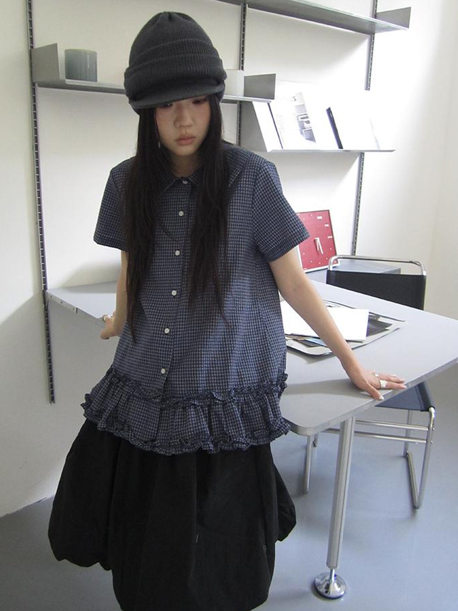 ang project Vintage Collar Checkered Ruffle Short Sleeve Shirt