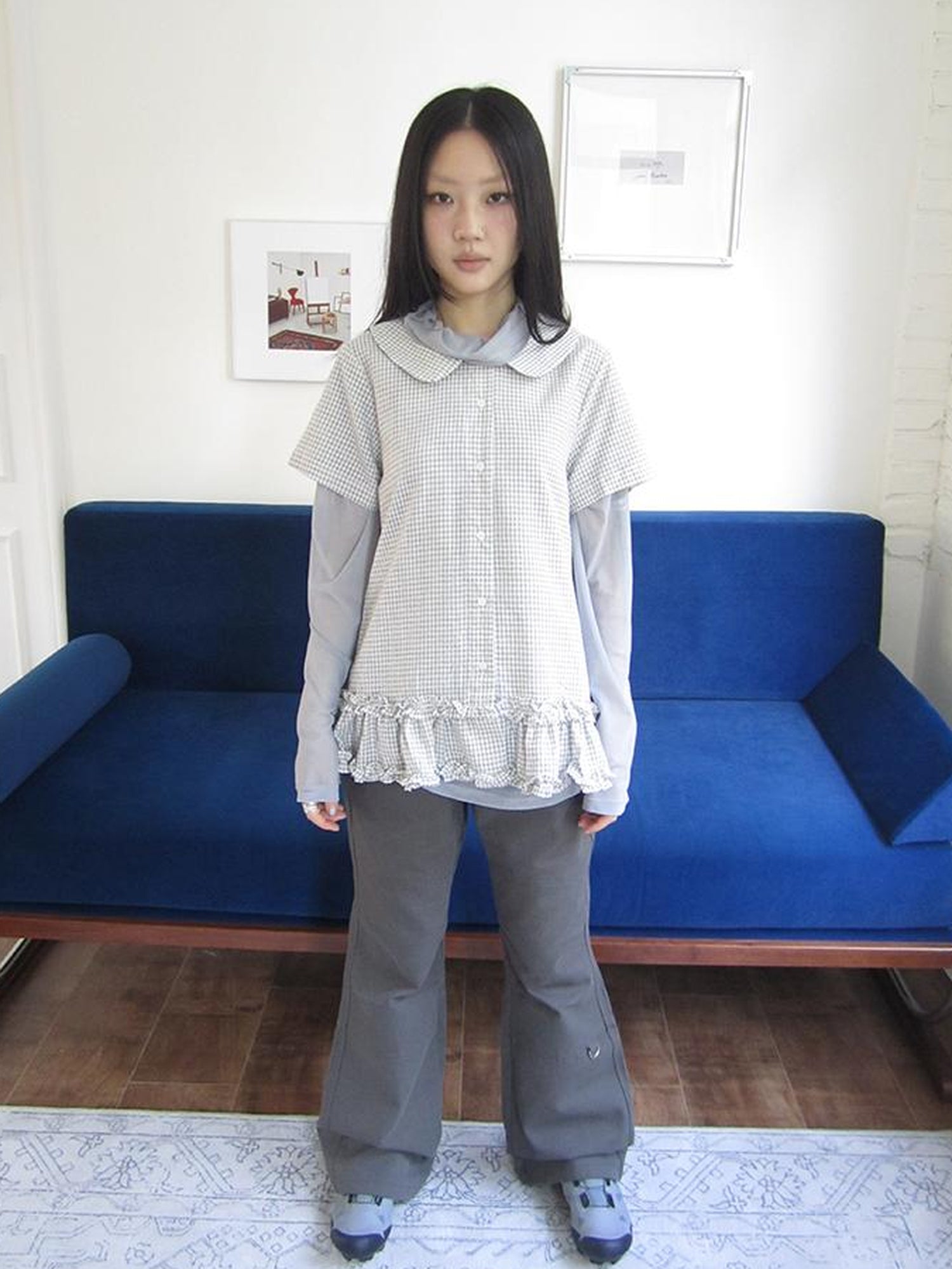 ang project Vintage Collar Checkered Ruffle Short Sleeve Shirt