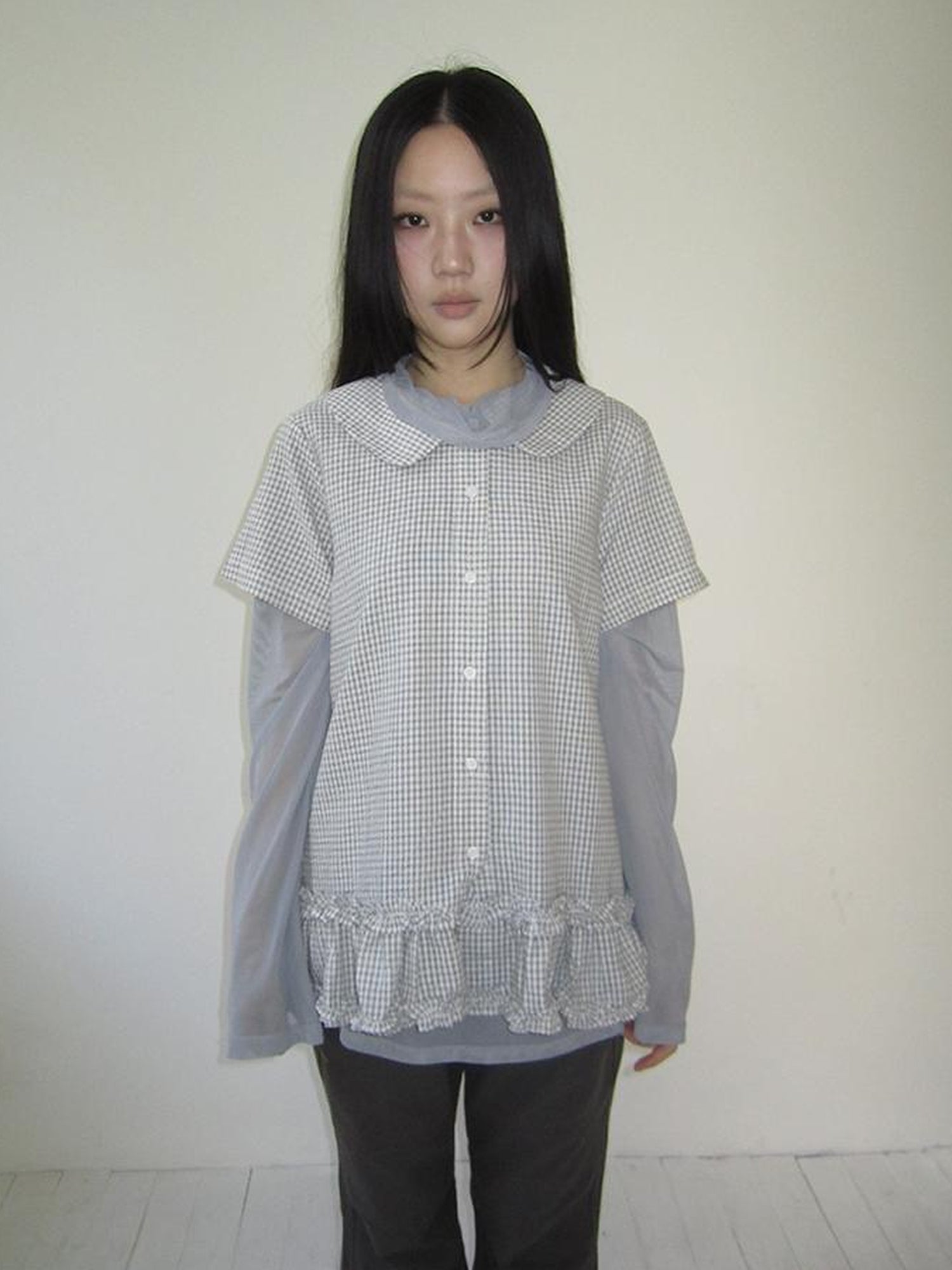 ang project Vintage Collar Checkered Ruffle Short Sleeve Shirt