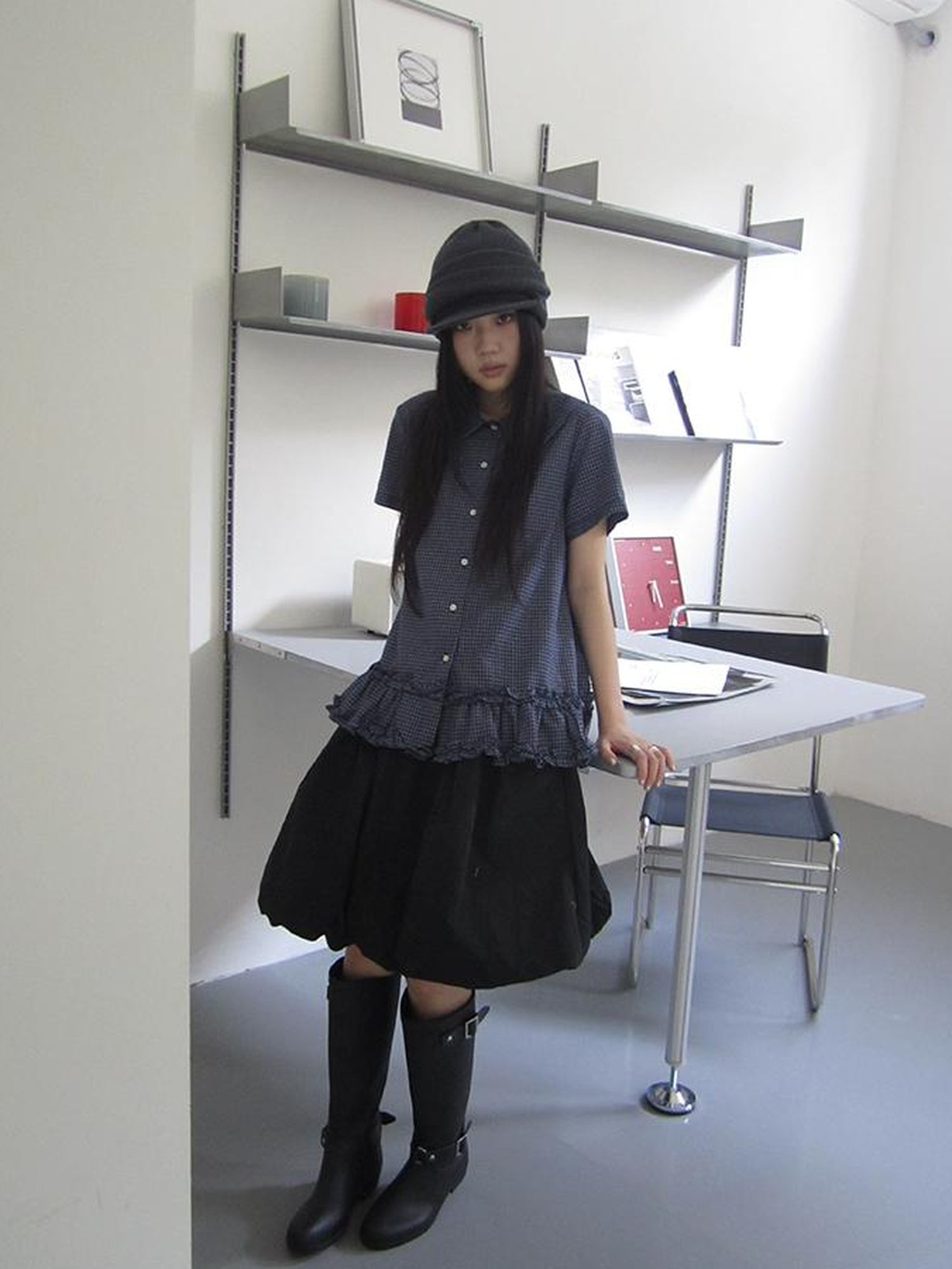 ang project Vintage Collar Checkered Ruffle Short Sleeve Shirt