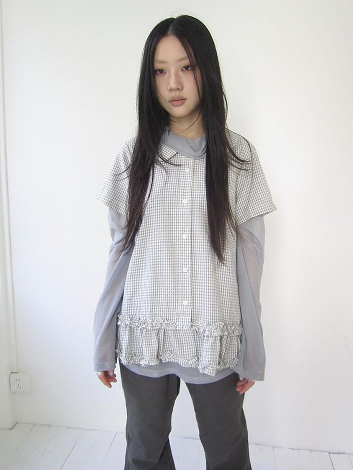 ang project Vintage Collar Checkered Ruffle Short Sleeve Shirt